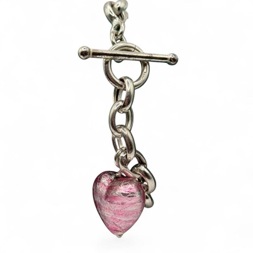 Vintage 925 sterling silver Italy pink Murano venetian glass heart bracelet